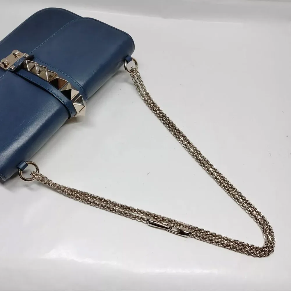 Auth Valentino Garavani Navy Blue Glam Lock Rockstud Medium Flap Shoulder Bag